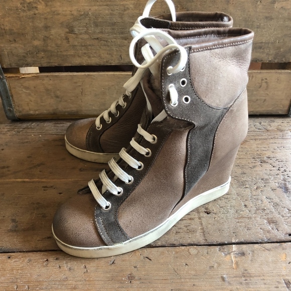 FashionLab Italian Leather Wedge lace Up Booties - Picture 2 of 8